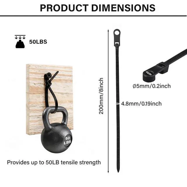 Alt view image 2 of 6 - 50 PCS 8 Inch Black Mountable Cable Ties with Screw Holes, Heavy Duty Nylon Zip Ties 50lbs Load Capacity for Home, Office, Workshop Organization