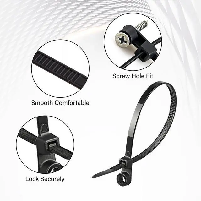 Alt view image 4 of 6 - 50 PCS 8 Inch Black Mountable Cable Ties with Screw Holes, Heavy Duty Nylon Zip Ties 50lbs Load Capacity for Home, Office, Workshop Organization