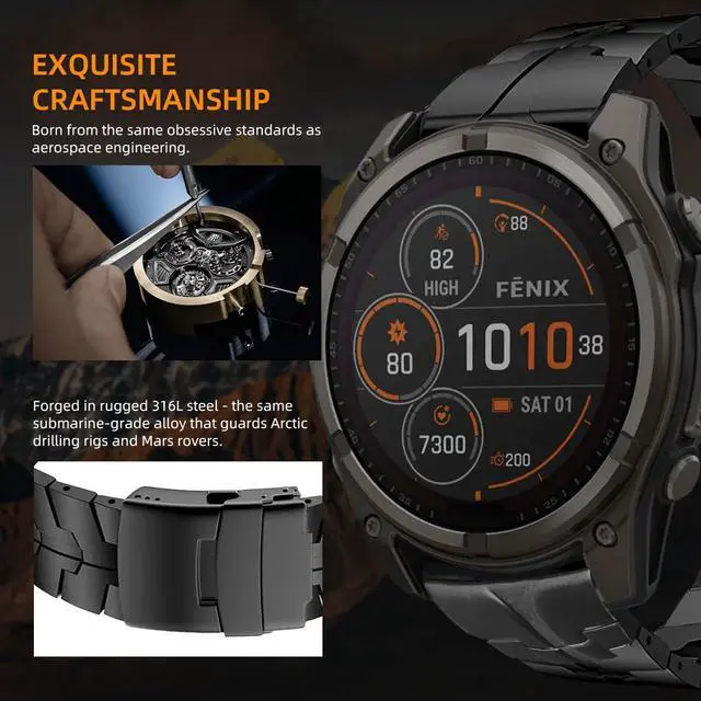 Alt view image 4 of 6 - 26mm Mecha Steel Bands Compatible for Garmin Fenix 8 51mm/7X/6X/5X Plus Band,Quick Fit Rugged Utra Metal Strap with Folding Clasp for Fenix 3/3 HR/Tactix/Epix Pro2 51mm/Instinct 3-50mm/Instinct 2X Men
