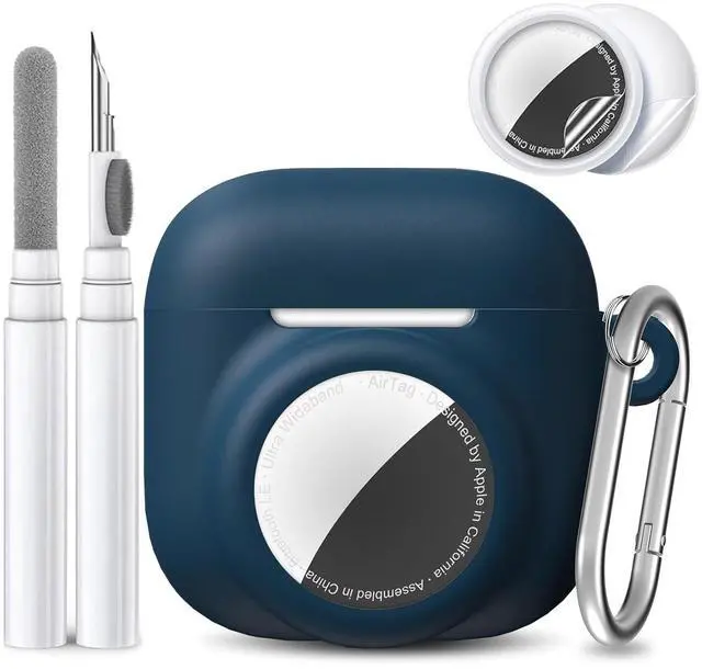 Main image of 2 in 1 Silicone Case Compatible with AirPod 4 and Air Tracker Tag,Anti-Scratch Anti-Lost Protective Skin Cover for AirPods 4th Generation with 2 PCS TPU Screen Protector&Lanyard (Dark Blue)