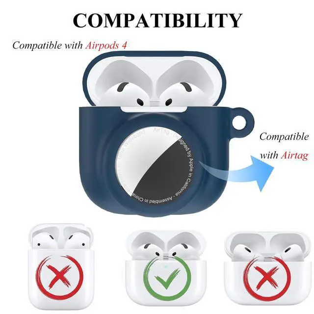 Alt view image 3 of 6 - 2 in 1 Silicone Case Compatible with AirPod 4 and Air Tracker Tag,Anti-Scratch Anti-Lost Protective Skin Cover for AirPods 4th Generation with 2 PCS TPU Screen Protector&Lanyard (Dark Blue)