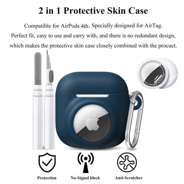 Alt view image 4 of 6 - 2 in 1 Silicone Case Compatible with AirPod 4 and Air Tracker Tag,Anti-Scratch Anti-Lost Protective Skin Cover for AirPods 4th Generation with 2 PCS TPU Screen Protector&Lanyard (Dark Blue)