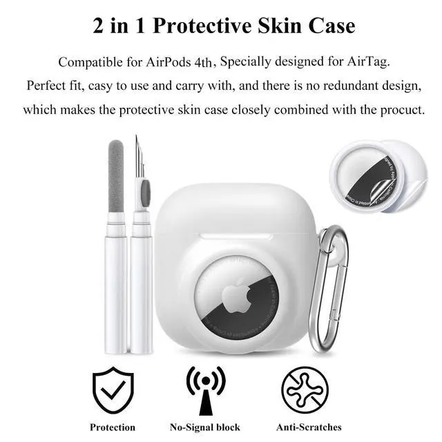 Alt view image 4 of 6 - 2 in 1 Silicone Case Compatible with AirPod 4 and for Air Tracker Tag,Anti-Scratch Anti-Lost Protective Skin Cover for AirPods 4th Generation with 2 PCS TPU Screen Protector&Lanyard (White)
