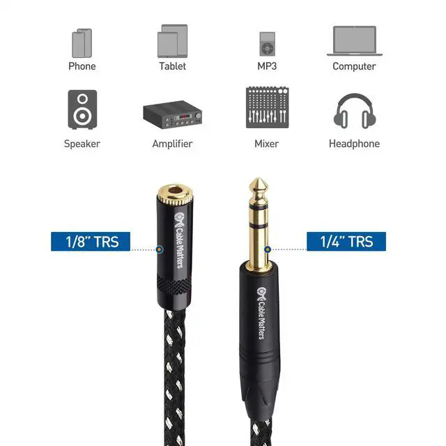 Alt view image 3 of 6 - 6.35mm to 3.5mm Headphone Adapter Cable, 10ft | 1/4 Male to 1/8 Female, 3.5mm to 1/4 Adapter, Amp to Headphone Converter, Black
