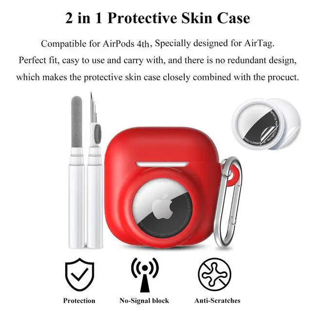 Alt view image 4 of 6 - 2 in 1 Silicone Case Compatible with AirPod 4 and Air Tracker Tag,Anti-Scratch Anti-Lost Protective Skin Cover for AirPods 4th Generation with 2 PCS TPU Screen Protector&Lanyard (Red)