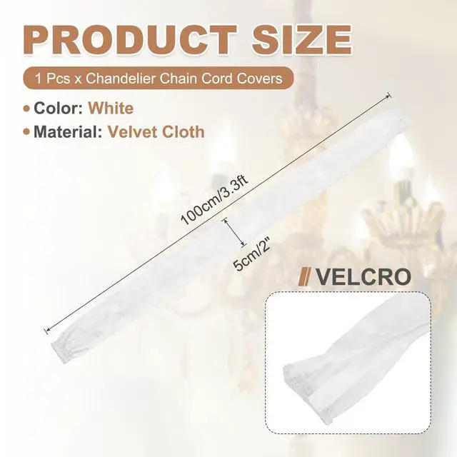 Alt view image 2 of 7 - 3.3ft Chandelier Chain Cord Cover, Velvet Cloth Fabric Chain Sleeve Decorative Cord Covers for Chandelier Wires Swing Cable, Hook and Loop Fastener Style, White