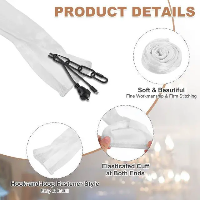 Alt view image 3 of 7 - 3.3ft Chandelier Chain Cord Cover, Velvet Cloth Fabric Chain Sleeve Decorative Cord Covers for Chandelier Wires Swing Cable, Hook and Loop Fastener Style, White
