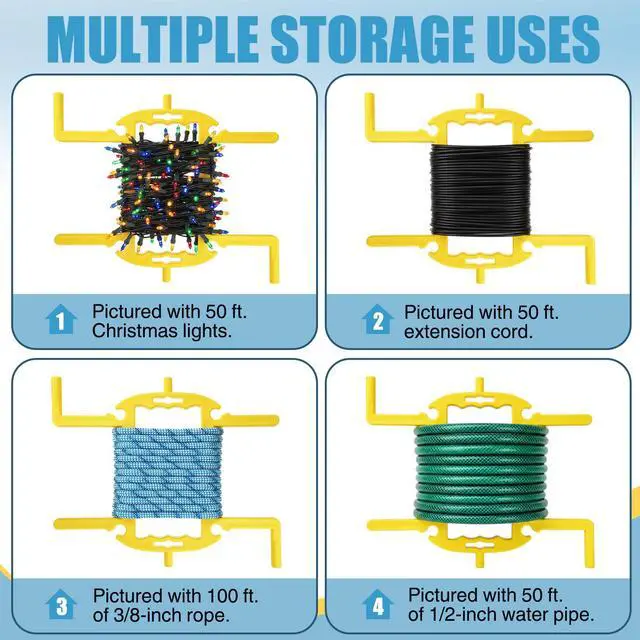 Alt view image 4 of 6 - 4 Pack Extension Cord Reel Organizer 100 ft - Heavy Duty ABS Cable Storage Reel with Handle, H-shape Cord Winder for Power Cords Garden Hoses Ropes - Portable Hose Organizer for Garage