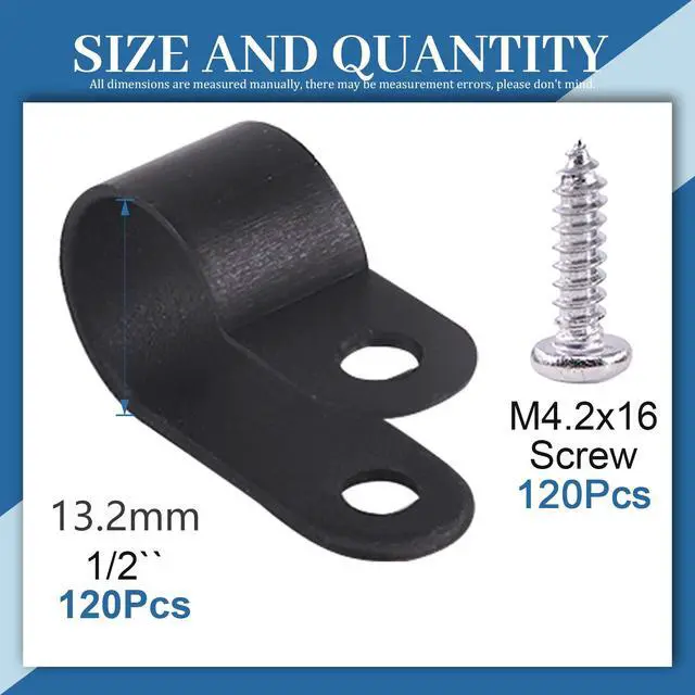 Alt view image 2 of 7 - 120Pcs 1/2 Inch Black Nylon Screw Mounting R-Type Cable Clip Wire Clamp with 120Pcs Screws for Wire, Cable, Conduit and Cable Conduit Kit (Black)