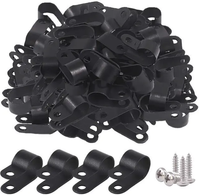 Main image of 120Pcs 1/2 Inch Black Nylon Screw Mounting R-Type Cable Clip Wire Clamp with 120Pcs Screws for Wire, Cable, Conduit and Cable Conduit Kit (Black)