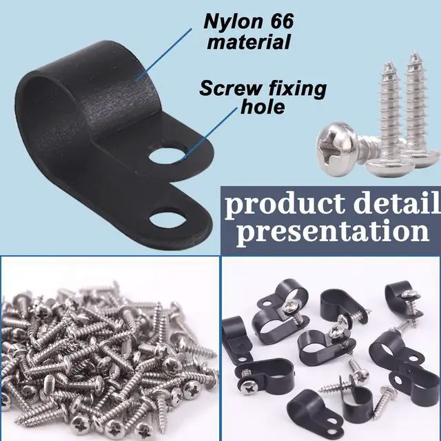 Alt view image 4 of 7 - 120Pcs 1/2 Inch Black Nylon Screw Mounting R-Type Cable Clip Wire Clamp with 120Pcs Screws for Wire, Cable, Conduit and Cable Conduit Kit (Black)