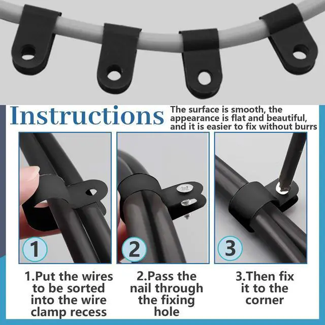 Alt view image 5 of 7 - 120Pcs 3/8 Inch Black Nylon Screw Mounting R-Type Cable Clip Wire Clamp with 120Pcs Screws for Wire, Cable, Conduit and Cable Conduit Kit (Black)