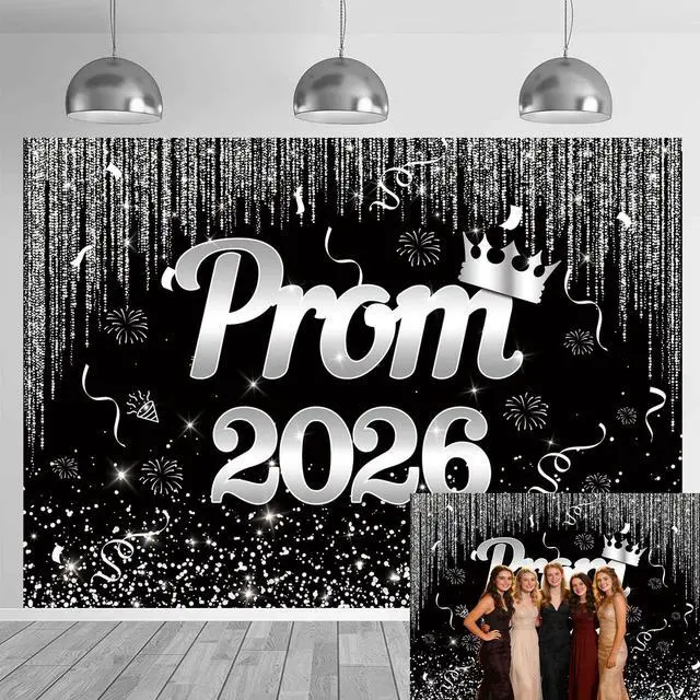 Main image of Black Silver Prom 2026 Graduation Backdrop 8x6ft | Class of 2026 Congratulations Grad Party Decoration Glitter Sequin Bokeh Graduation Students Photography Backdrop