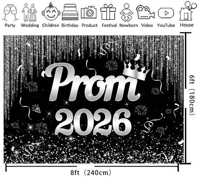 Alt view image 2 of 4 - Black Silver Prom 2026 Graduation Backdrop 8x6ft | Class of 2026 Congratulations Grad Party Decoration Glitter Sequin Bokeh Graduation Students Photography Backdrop
