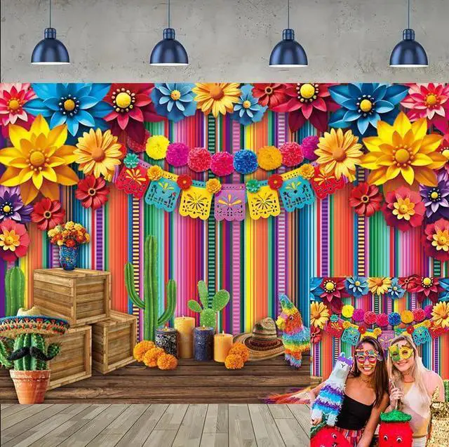 Main image of Mexican Fiesta Backdrop Mexico Cinco De Mayo Colorful Striped Paper Flowers Photography Background Fiesta Carnival Birthday Party Decoration Banner Photo Props (8x6FT)