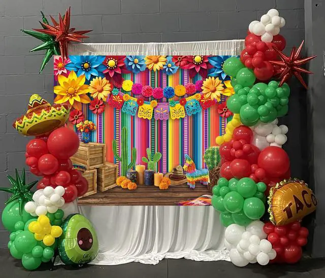 Alt view image 5 of 7 - Mexican Fiesta Backdrop Mexico Cinco De Mayo Colorful Striped Paper Flowers Photography Background Fiesta Carnival Birthday Party Decoration Banner Photo Props (8x6FT)