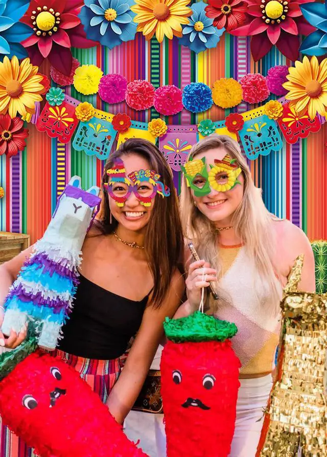Alt view image 6 of 7 - Mexican Fiesta Backdrop Mexico Cinco De Mayo Colorful Striped Paper Flowers Photography Background Fiesta Carnival Birthday Party Decoration Banner Photo Props (8x6FT)