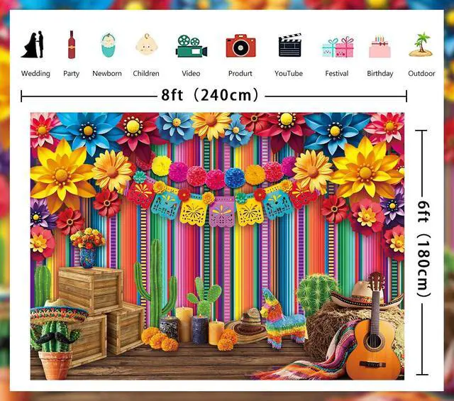 Alt view image 7 of 7 - Mexican Fiesta Backdrop Mexico Cinco De Mayo Colorful Striped Paper Flowers Photography Background Fiesta Carnival Birthday Party Decoration Banner Photo Props (8x6FT)