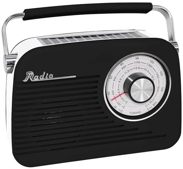 Main image of Retro AM FM SW Portable Bluetooth Radio with Solar Panel, R-58, Black Rechargeable Battery, Supplemental Solar Charging, USB TF MP3 Player, Compact Utility Radio