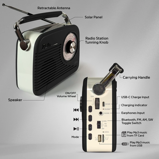 Alt view image 4 of 7 - Retro AM FM SW Portable Bluetooth Radio with Solar Panel, R-58, Black Rechargeable Battery, Supplemental Solar Charging, USB TF MP3 Player, Compact Utility Radio