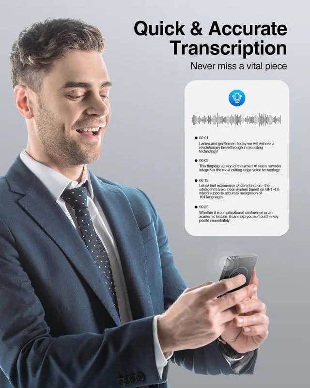 Alt view image 2 of 7 - AI Voice Recorder 64GB,Note Voice Recorder with GPT Free Transcription,AI Summary & Mind Map,36H Battery,100+ Languages for Lectures,Meetings,Calls