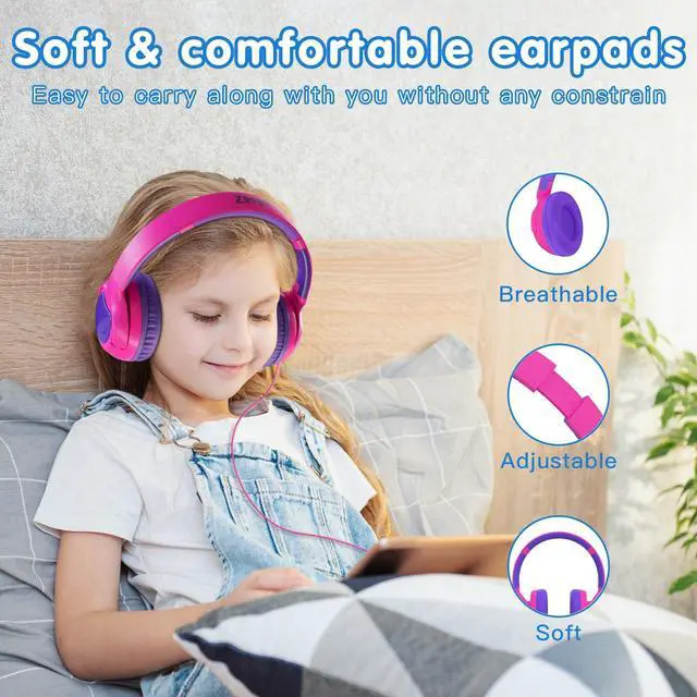 Alt view image 3 of 6 - Wired Kids Headphones, Safe 85dB Volume Limit for Boys & Girls, Comfortable Earpads, Foldable Design for School, Tablets, and Travel-Rose RED