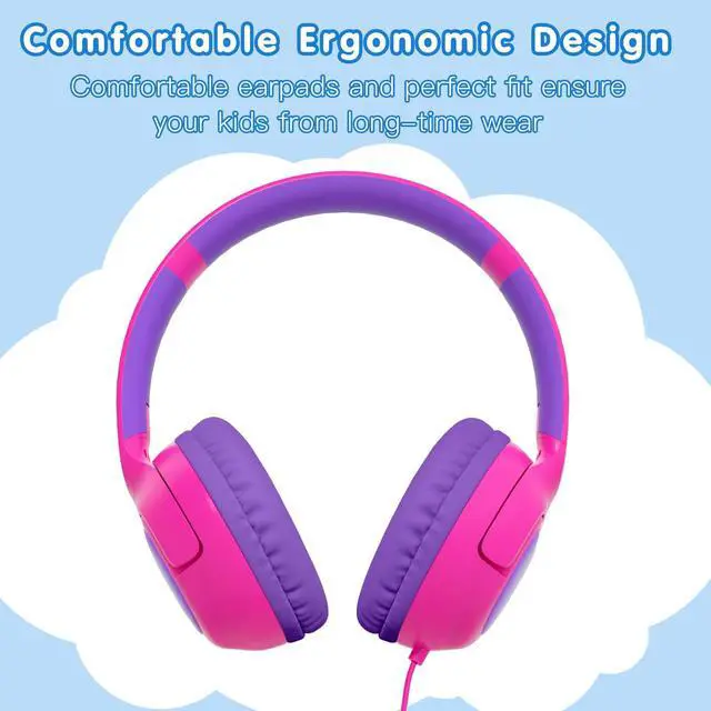 Alt view image 6 of 6 - Wired Kids Headphones, Safe 85dB Volume Limit for Boys & Girls, Comfortable Earpads, Foldable Design for School, Tablets, and Travel-Rose RED