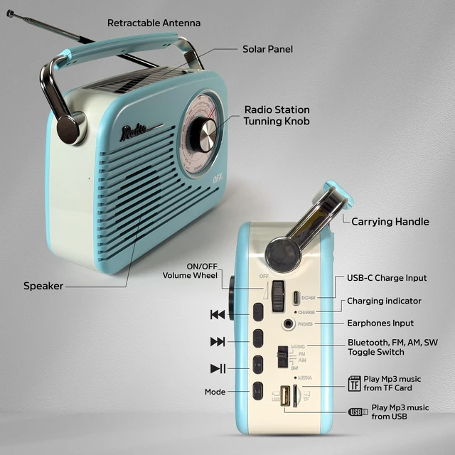 Alt view image 4 of 7 - Retro AM FM SW Portable Bluetooth Radio with Solar Panel, R-58, Blue Rechargeable Battery, Supplemental Solar Charging, USB TF MP3 Player, Compact Utility Radio