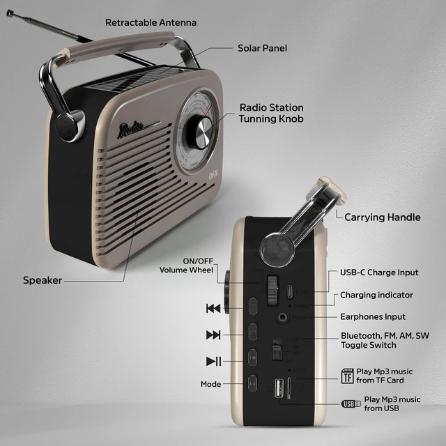 Alt view image 4 of 7 - Retro AM FM SW Portable Bluetooth Radio with Solar Panel, R-58, Ivory Rechargeable Battery, Supplemental Solar Charging, USB TF MP3 Player, Compact Utility Radio