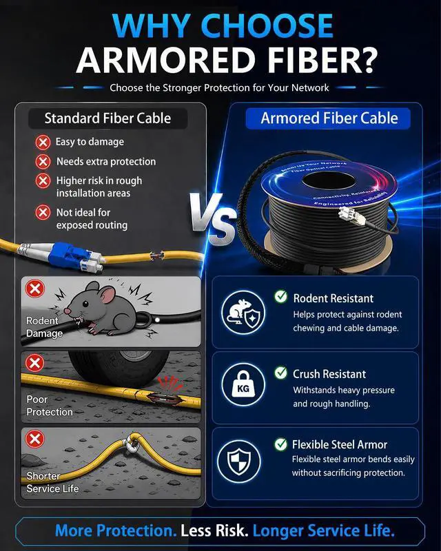 Alt view image 5 of 7 - 16FT/5M Stainless Steel Armored Fiber Optic Cable Outdoor, Uniboot LC to LC Duplex OM3 50/125m Multimode, 40G Ethernet MMF, LSZH Jacket, Crush Resistant for Data Center, FTTA, Industrial Network