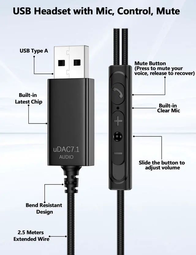 Alt view image 3 of 6 - USB Headphone Over-Ear Hook 2.5M 8.2FT Computer Headset Black | Mute Mic USBA Earphone in-Ear Noise Canceling Wired Earbuds for Chromebook/Notebook/Teams for Zoom Office Laptop Desktop PC
