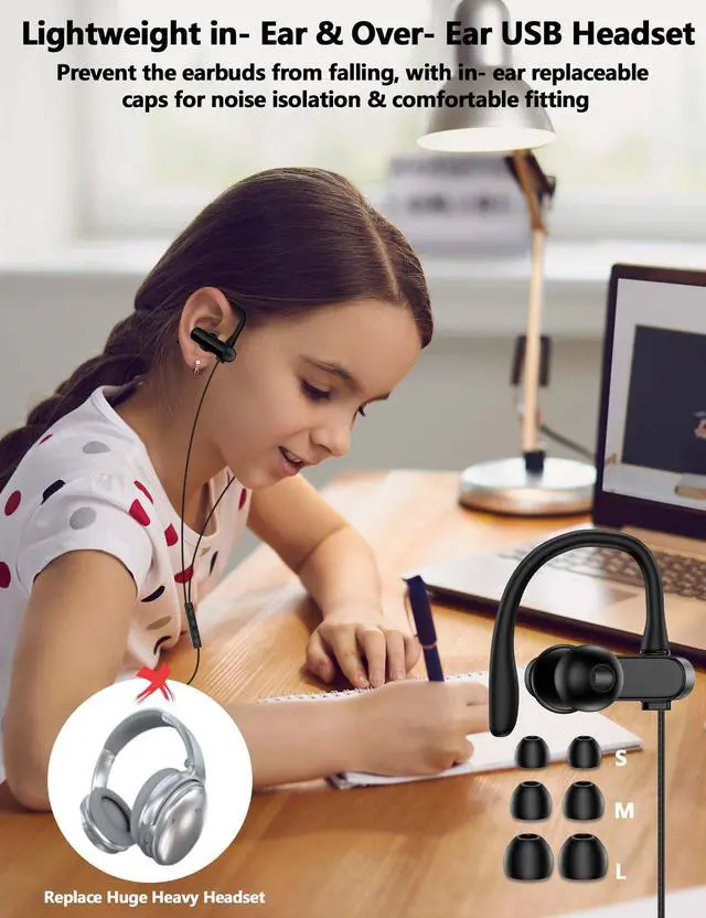 Alt view image 2 of 6 - USB Headphone Over-Ear Hook 2.5M 8.2FT Computer Headset Black | Mute Mic USBA Earphone in-Ear Noise Canceling Wired Earbuds for Chromebook/Notebook/Teams for Zoom Office Laptop Desktop PC