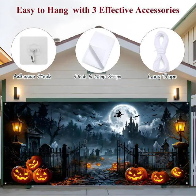 Alt view image 3 of 7 - Halloween Garage Door Cover, 7' x 16' Haunted Castle Door Design | Dual-Fastening, HD Printing, Cinematic Visuals, Easy Setup & Removal, Premium Fabric, Wall Banner, Party Backdrop