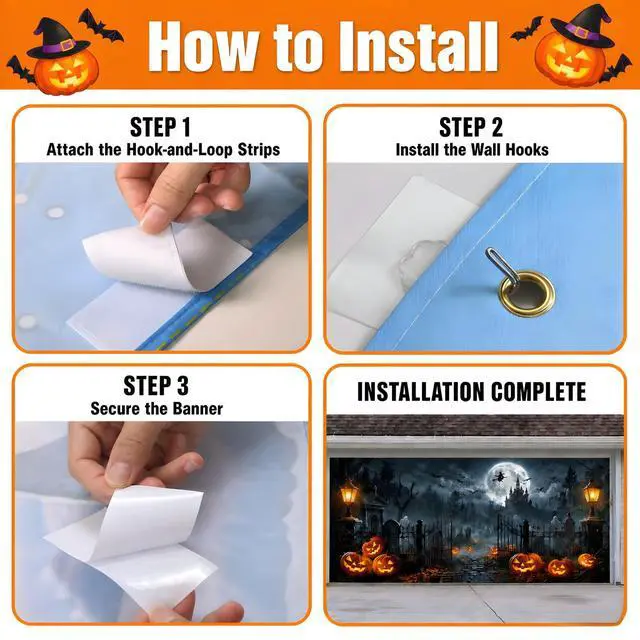 Alt view image 4 of 7 - Halloween Garage Door Cover, 7' x 16' Haunted Castle Door Design | Dual-Fastening, HD Printing, Cinematic Visuals, Easy Setup & Removal, Premium Fabric, Wall Banner, Party Backdrop