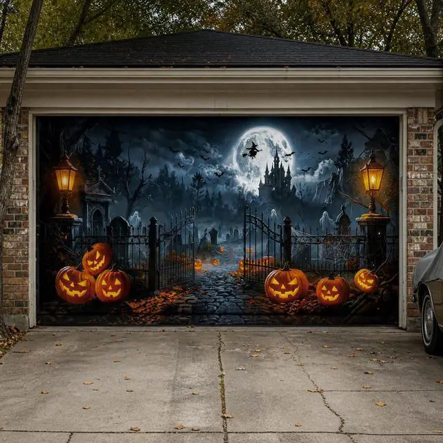 Alt view image 5 of 7 - Halloween Garage Door Cover, 7' x 16' Haunted Castle Door Design | Dual-Fastening, HD Printing, Cinematic Visuals, Easy Setup & Removal, Premium Fabric, Wall Banner, Party Backdrop