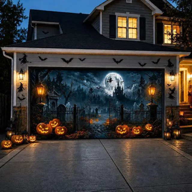 Alt view image 6 of 7 - Halloween Garage Door Cover, 7' x 16' Haunted Castle Door Design | Dual-Fastening, HD Printing, Cinematic Visuals, Easy Setup & Removal, Premium Fabric, Wall Banner, Party Backdrop