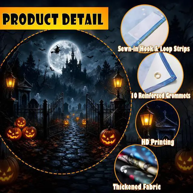 Alt view image 2 of 7 - Halloween Garage Door Cover, 7' x 16' Haunted Castle Door Design | Dual-Fastening, HD Printing, Cinematic Visuals, Easy Setup & Removal, Premium Fabric, Wall Banner, Party Backdrop