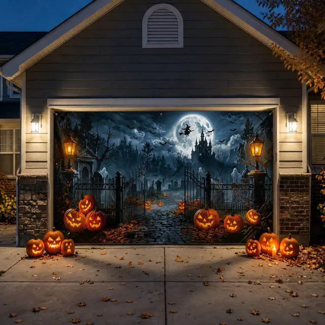 Alt view image 7 of 7 - Halloween Garage Door Cover, 7' x 16' Haunted Castle Door Design | Dual-Fastening, HD Printing, Cinematic Visuals, Easy Setup & Removal, Premium Fabric, Wall Banner, Party Backdrop