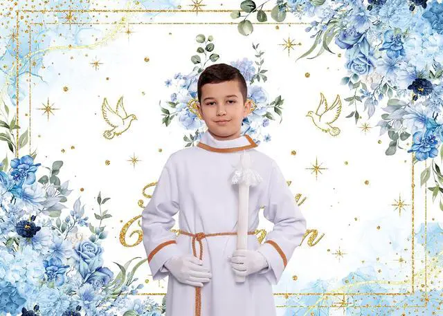 Alt view image 2 of 7 - First Holy Communion Backdrop Boys God Bless Background Blue Floral Glitter Christening Party Decorations Banner Newborn Baby Shower Photo Props (Blue, 94X70 inch (8x6FT))
