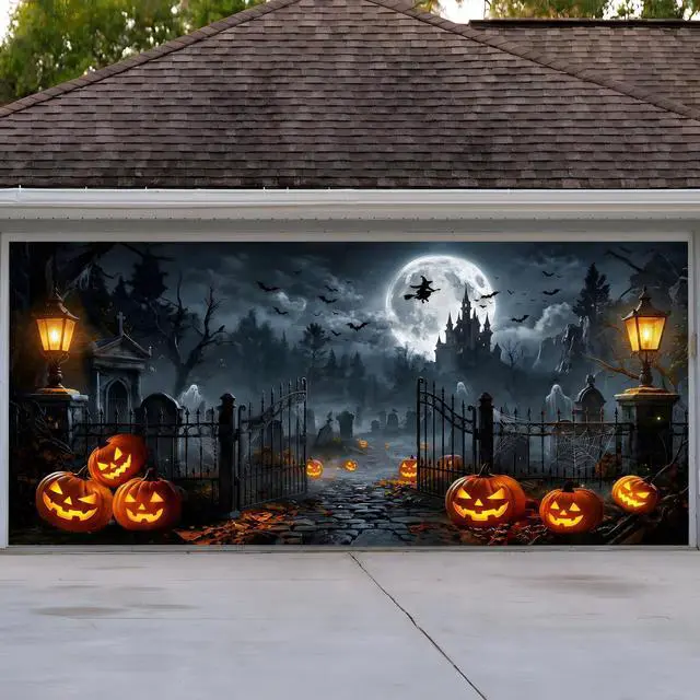 Main image of Halloween Garage Door Cover, 7' x 16' Haunted Castle Door Design | Dual-Fastening, HD Printing, Cinematic Visuals, Easy Setup & Removal, Premium Fabric, Wall Banner, Party Backdrop