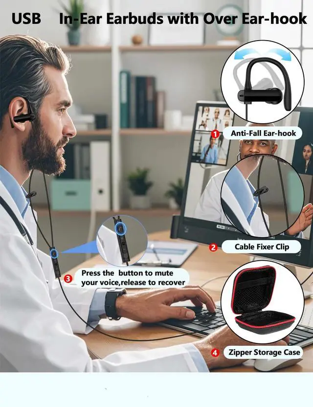 Alt view image 4 of 6 - USB Headphone Over-Ear Hook 2.5M 8.2FT Computer Headset Black | Mute Mic USBA Earphone in-Ear Noise Canceling Wired Earbuds for Chromebook/Notebook/Teams for Zoom Office Laptop Desktop PC