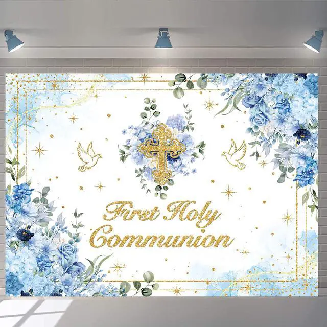 Alt view image 3 of 7 - First Holy Communion Backdrop Boys God Bless Background Blue Floral Glitter Christening Party Decorations Banner Newborn Baby Shower Photo Props (Blue, 94X70 inch (8x6FT))