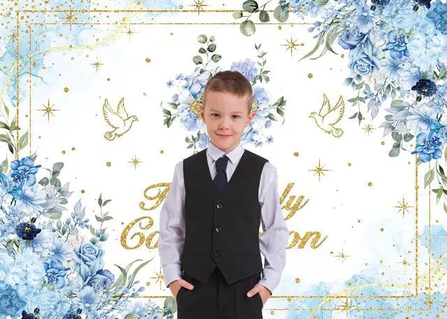 Alt view image 4 of 7 - First Holy Communion Backdrop Boys God Bless Background Blue Floral Glitter Christening Party Decorations Banner Newborn Baby Shower Photo Props (Blue, 94X70 inch (8x6FT))