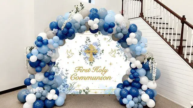 Alt view image 5 of 7 - First Holy Communion Backdrop Boys God Bless Background Blue Floral Glitter Christening Party Decorations Banner Newborn Baby Shower Photo Props (Blue, 94X70 inch (8x6FT))