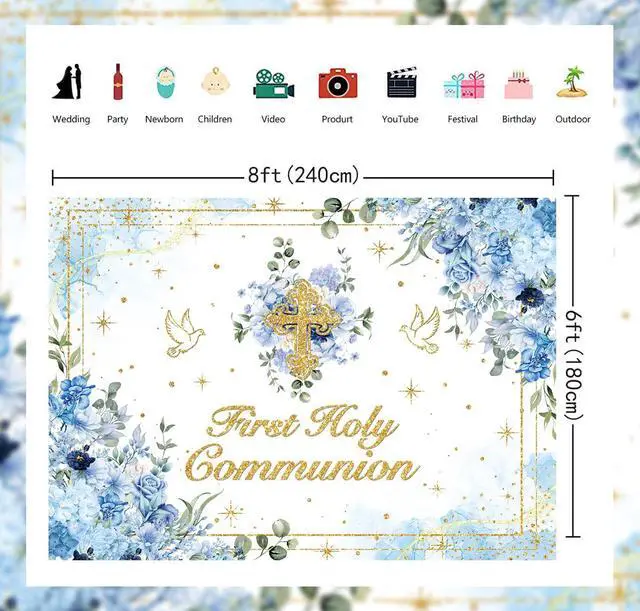 Alt view image 6 of 7 - First Holy Communion Backdrop Boys God Bless Background Blue Floral Glitter Christening Party Decorations Banner Newborn Baby Shower Photo Props (Blue, 94X70 inch (8x6FT))