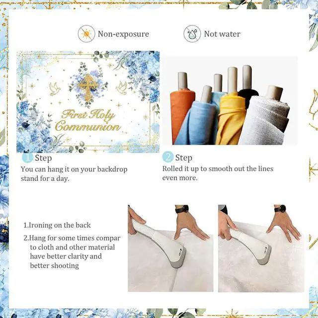 Alt view image 7 of 7 - First Holy Communion Backdrop Boys God Bless Background Blue Floral Glitter Christening Party Decorations Banner Newborn Baby Shower Photo Props (Blue, 94X70 inch (8x6FT))