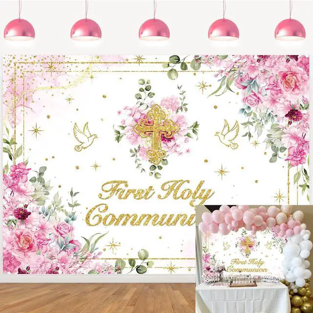 Main image of First Holy Communion Backdrop Pink Flower Gold Cross God Bless Photography Background Girls Christening Party Baby Shower Decorations Banner