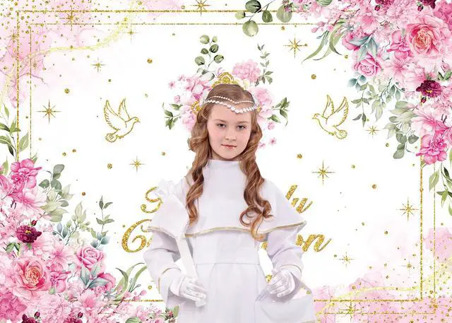 Alt view image 4 of 7 - First Holy Communion Backdrop Pink Flower Gold Cross God Bless Photography Background Girls Christening Party Baby Shower Decorations Banner