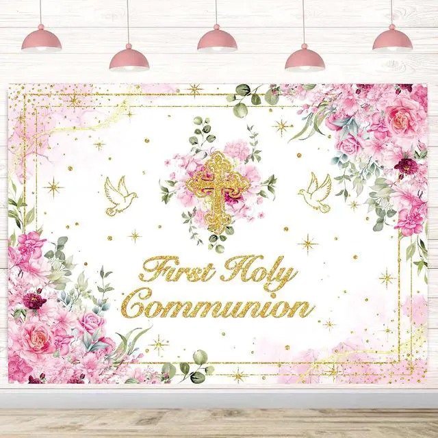 Alt view image 3 of 7 - First Holy Communion Backdrop Pink Flower Gold Cross God Bless Photography Background Girls Christening Party Baby Shower Decorations Banner