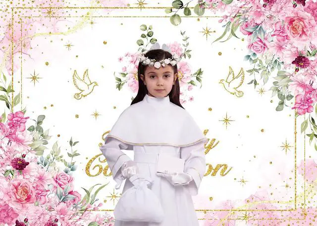 Alt view image 4 of 7 - First Holy Communion Backdrop Pink Flower Gold Cross God Bless Photography Background Girls Christening Party Baby Shower Decorations Banner